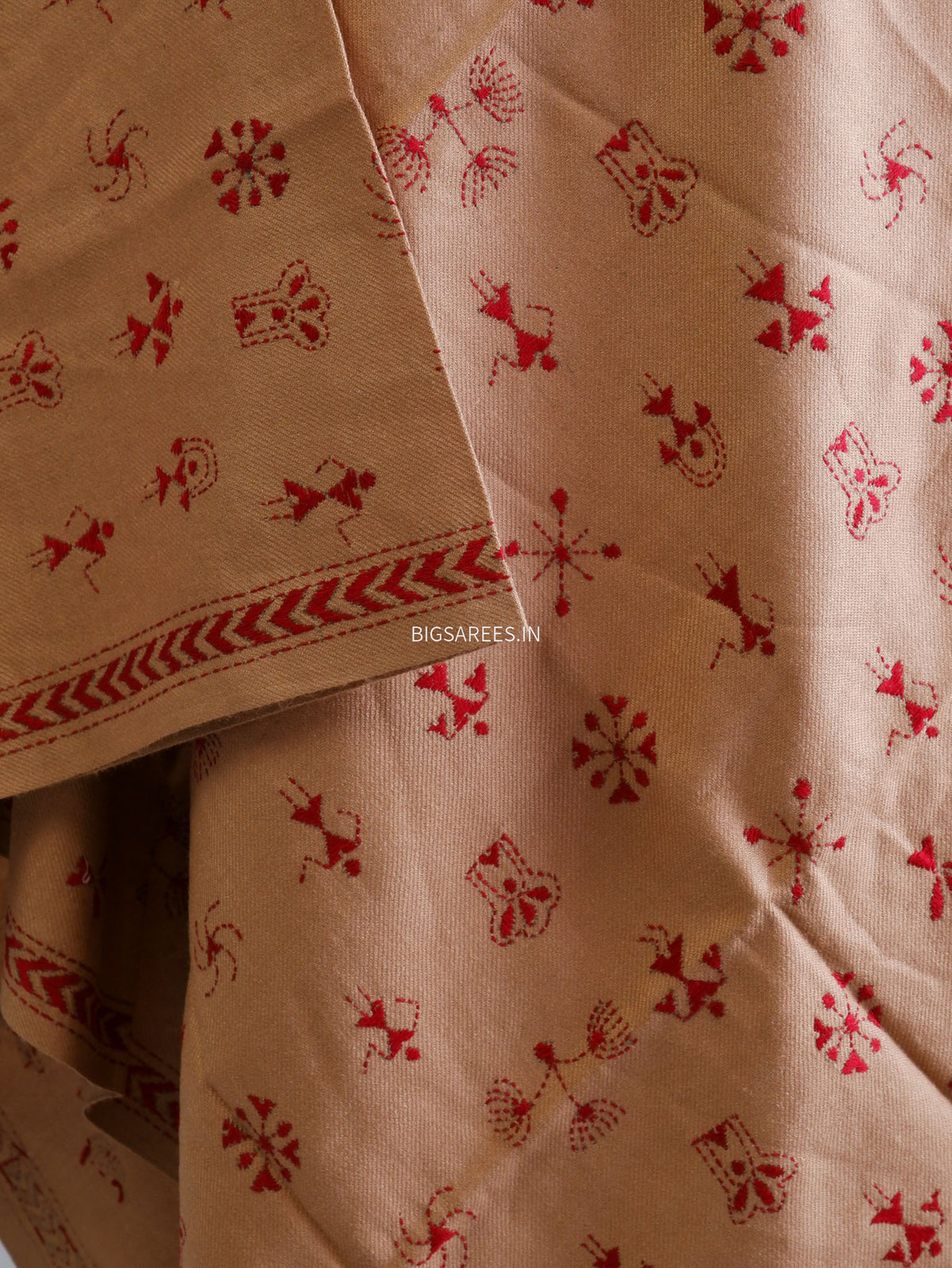 Kantha Stitch Hand-Embroidered Shawl | Woollen | Light Brown