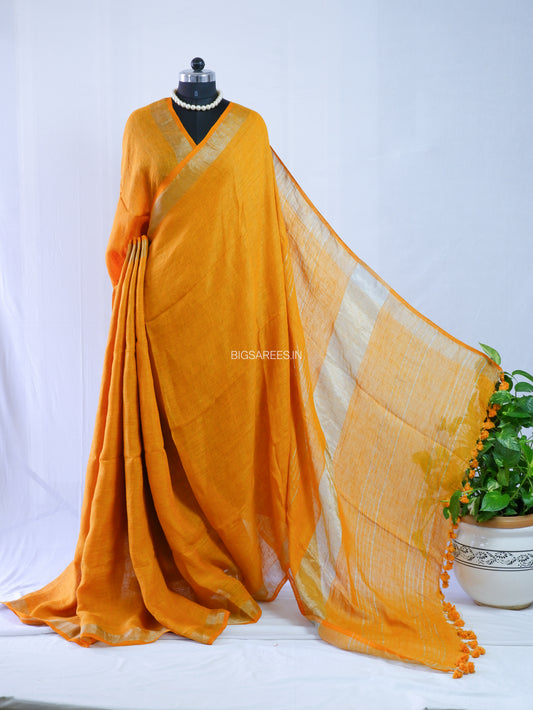 Pure Jayshree Linen Saree | Plain | Orange