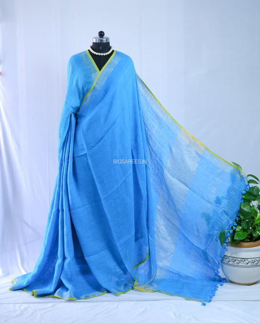 Pure Jayshree Linen Saree | Plain | Sky Blue