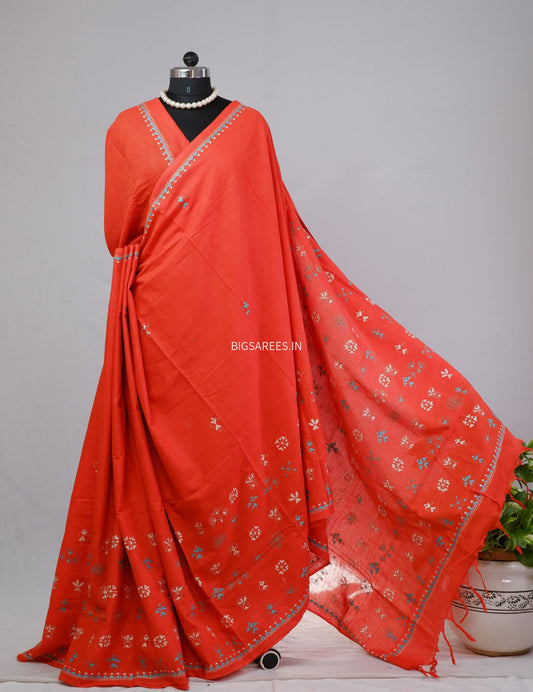 Kantha Hand-Embroidered Saree | Pure Mal Mal Cotton | Orange