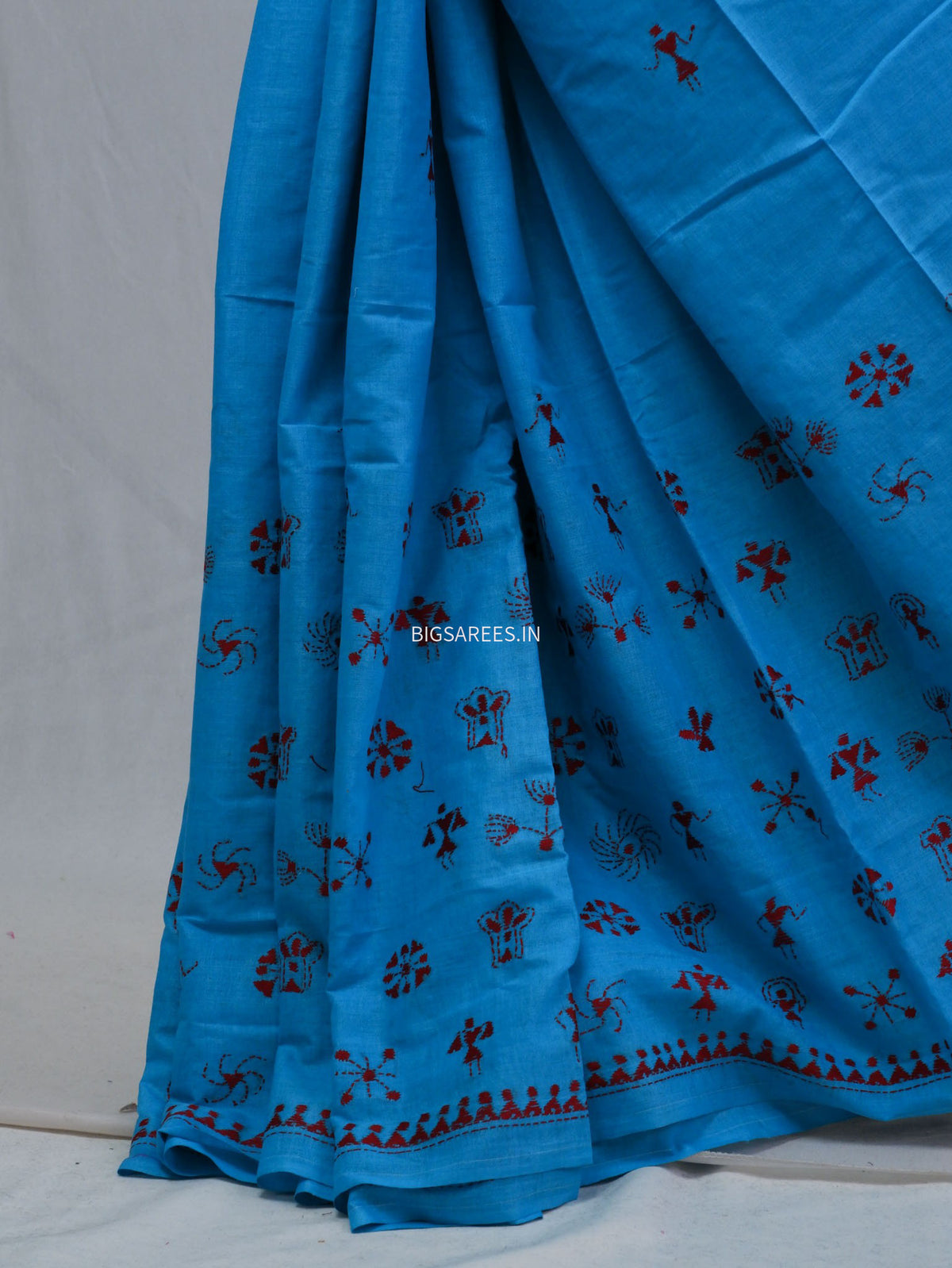 Kantha Hand-Embroidered Saree | Pure Mal Mal Cotton | Blue