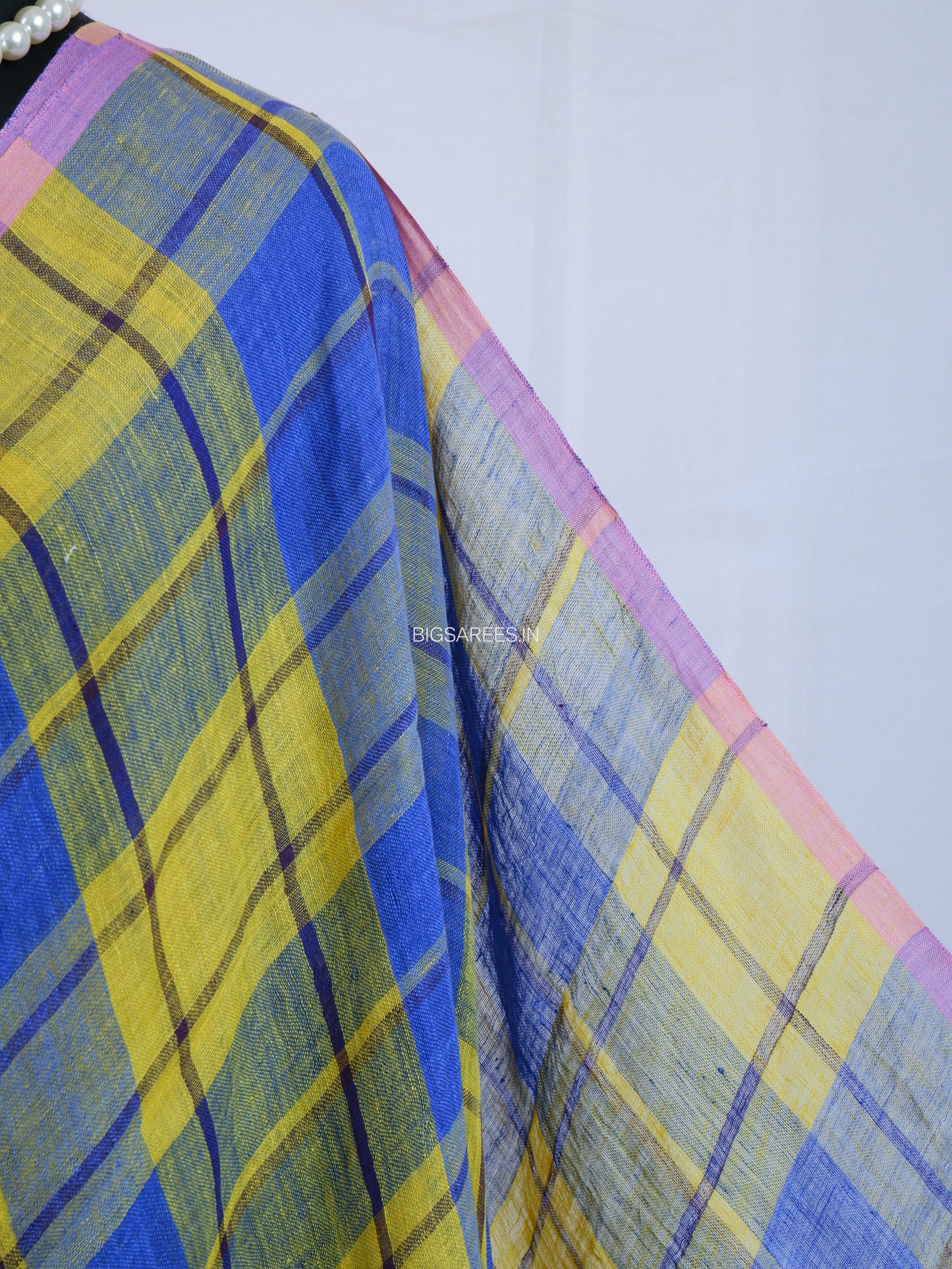 Pure Jayshree Linen Saree | Checks | Blue - Yellow