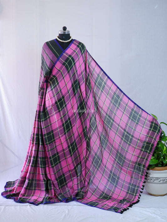 Pure Jayshree Linen Saree | Checks | Pink-Black
