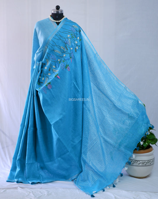 Hand-Embroidered Linen Saree | Linen by Linen | Blue