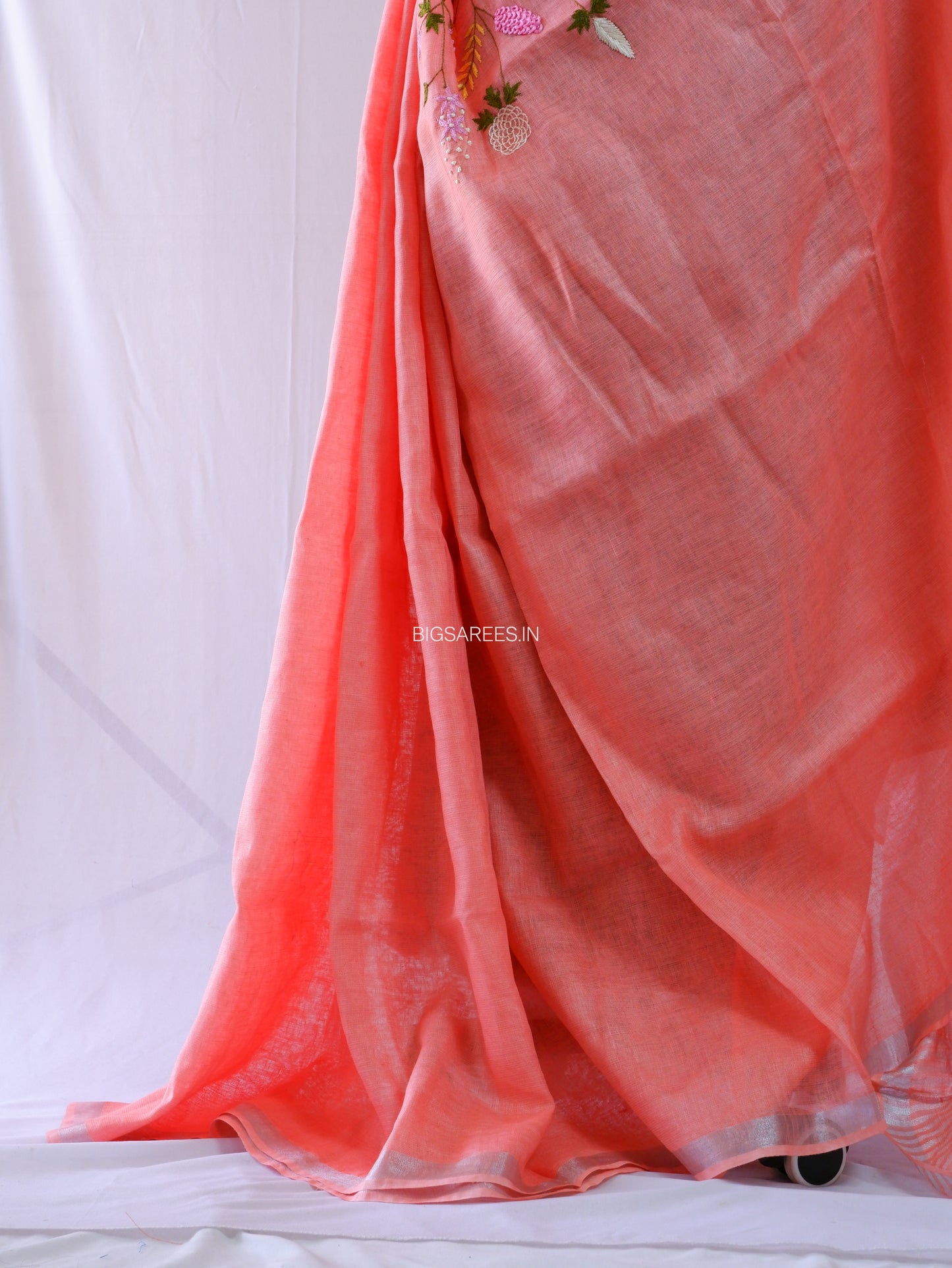 Hand-Embroidered Linen Saree | Linen by Linen | Peach Pink