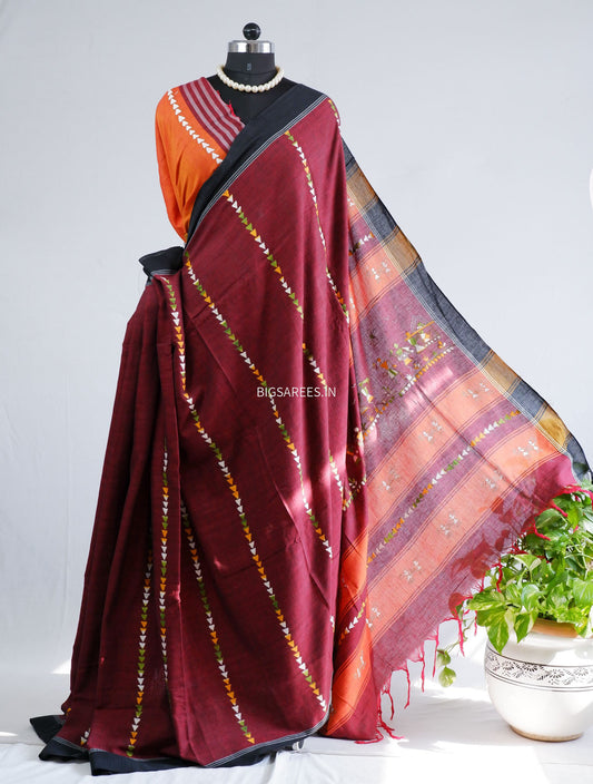 Kantha Hand-Embroidered Saree | Pure Khadi Cotton | Maroon