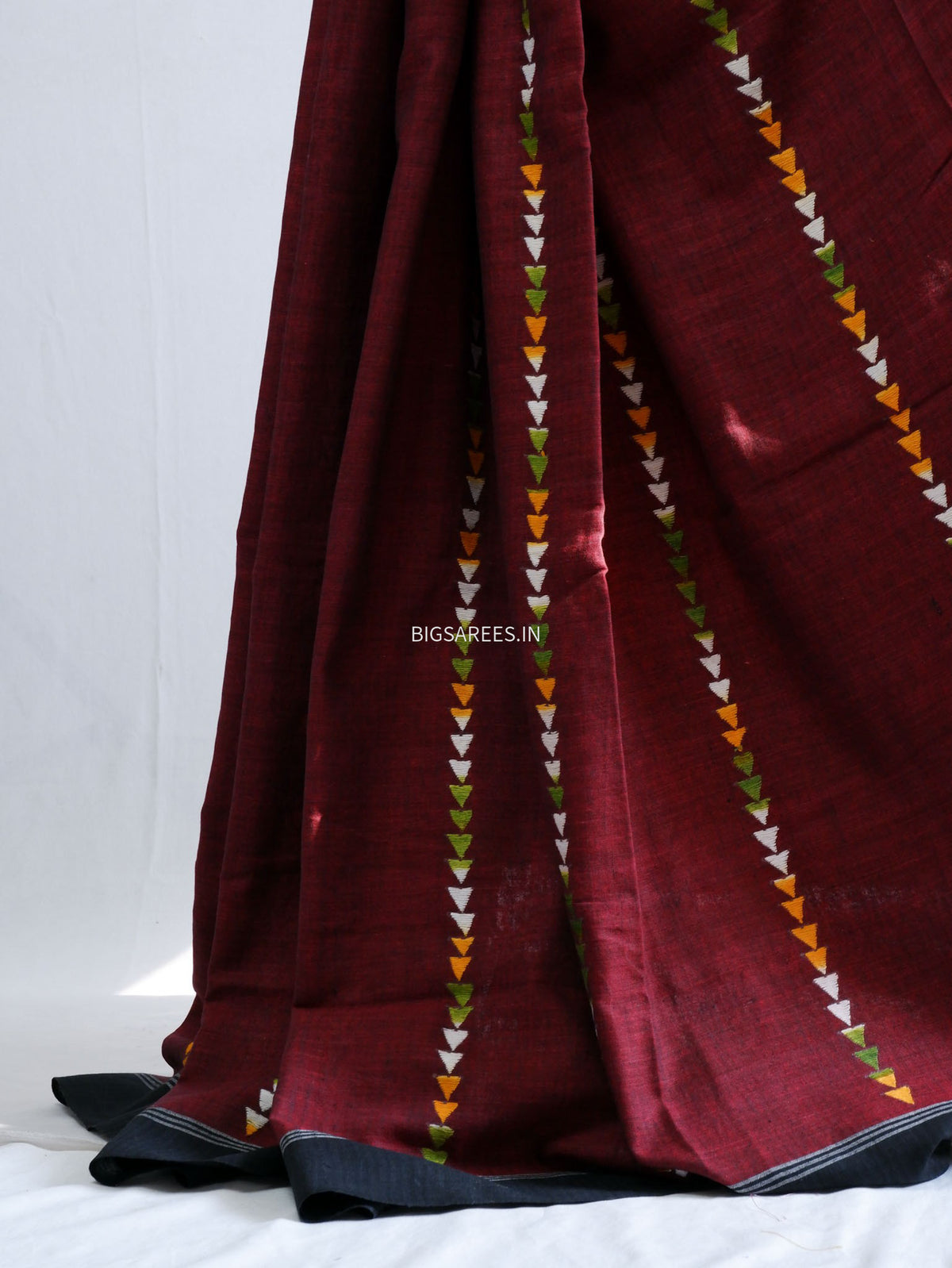 Kantha Hand-Embroidered Saree | Pure Khadi Cotton | Maroon