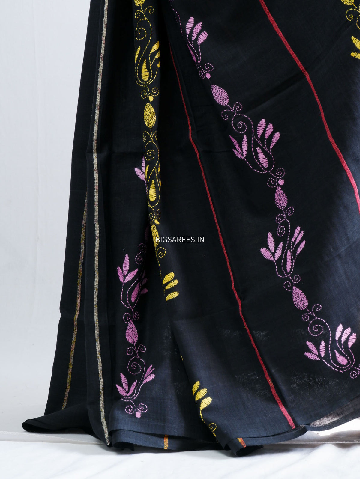 Kantha Stitch Hand-Embroidered Saree | Pure Khesh Cotton | Black