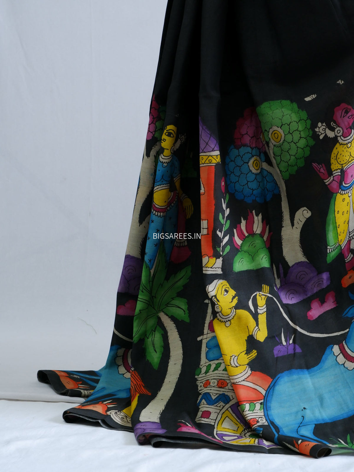 Hand-Painted Kalamkari Saree | Bangalore Silk | Black