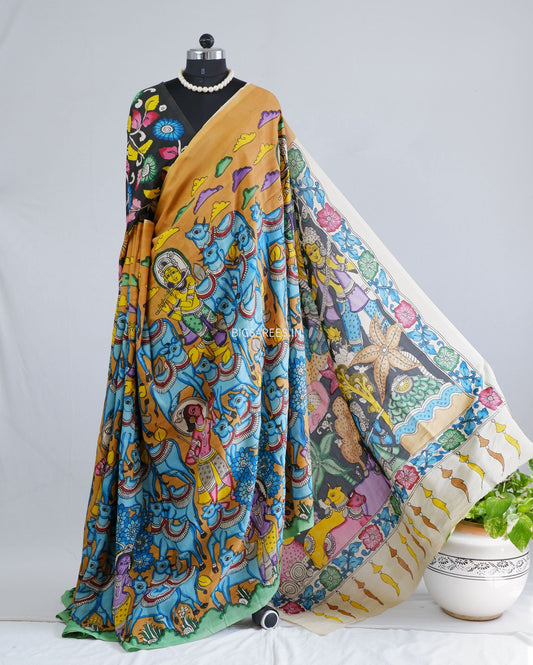 Hand-Painted Kalamkari Saree | Bangalore Silk | Muted Yellow