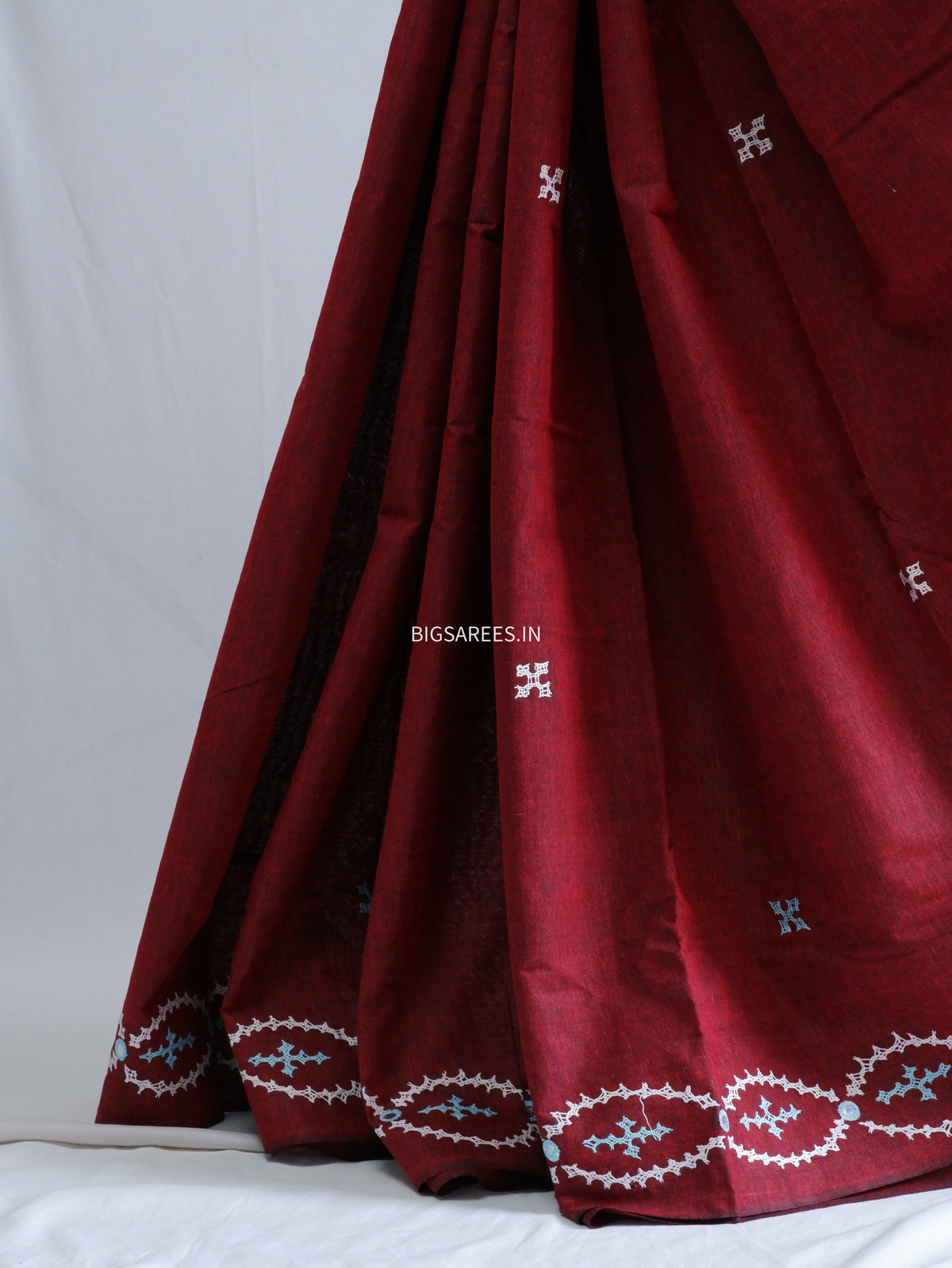 Kutchi Hand-Embroidered Saree | Khadi Cotton | Maroon