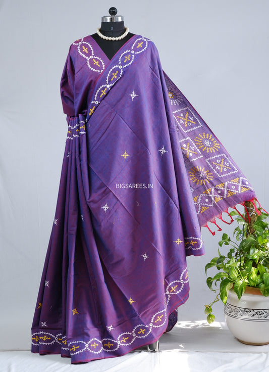 Kutchi Hand-Embroidered Saree | Khadi Cotton | Purple (Dual Tone)