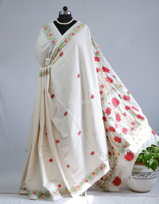 Kantha Stitch Hand-Embroidered Saree | Khadi Cotton | White