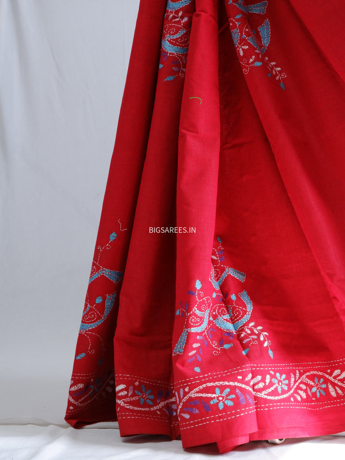 Kantha Stitch Hand-Embroidered Saree | Khadi Cotton | Red