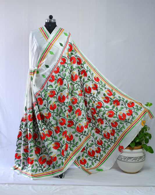 Kantha - Stitch Hand Embroidered Saree | Blended Bangalore Silk / Art Silk | White