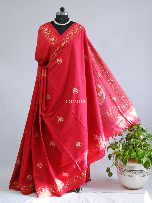 Kantha Hand-Embroidered Saree | Pure Khadi Cotton | Red