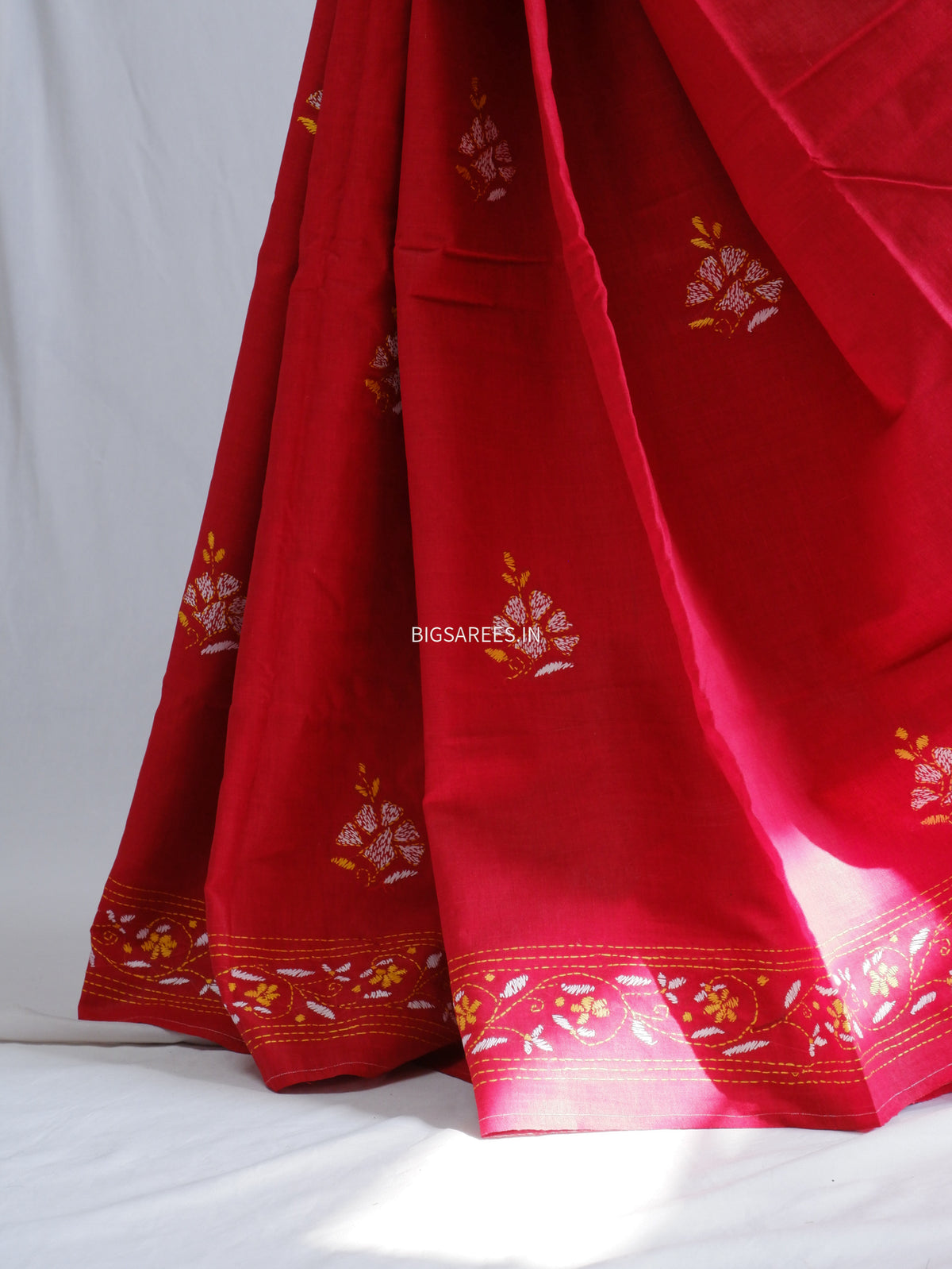 Kantha Hand-Embroidered Saree | Pure Khadi Cotton | Red