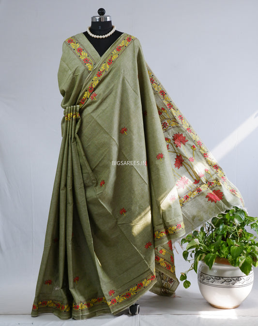 Kantha Hand-Embroidered Saree | Pure Khadi Cotton | Moss Green