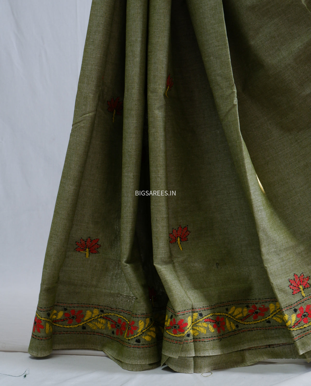 Kantha Hand-Embroidered Saree | Pure Khadi Cotton | Moss Green