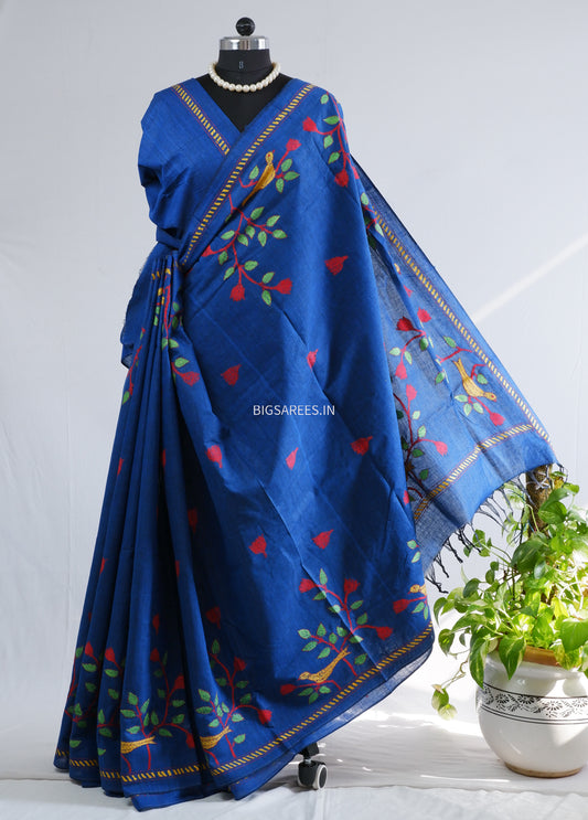 Kantha Hand-Embroidered Saree | Pure Khadi Cotton | Blue