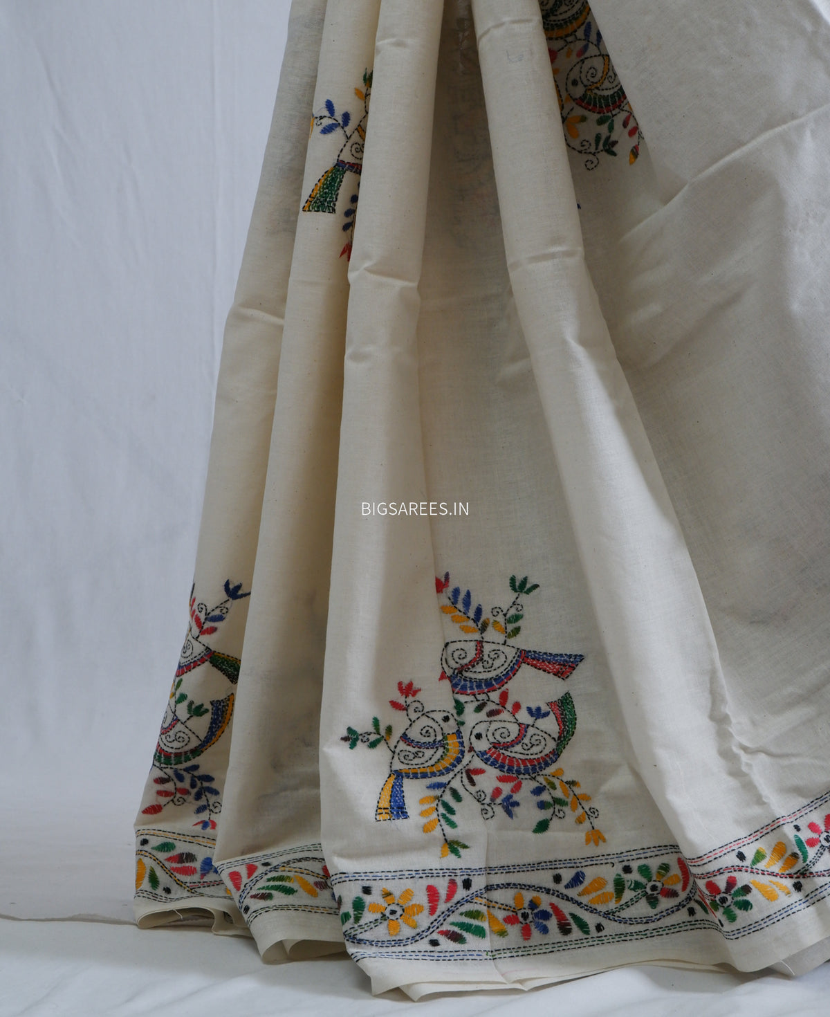 Kantha Hand-Embroidered Saree | Pure Khadi Cotton | White