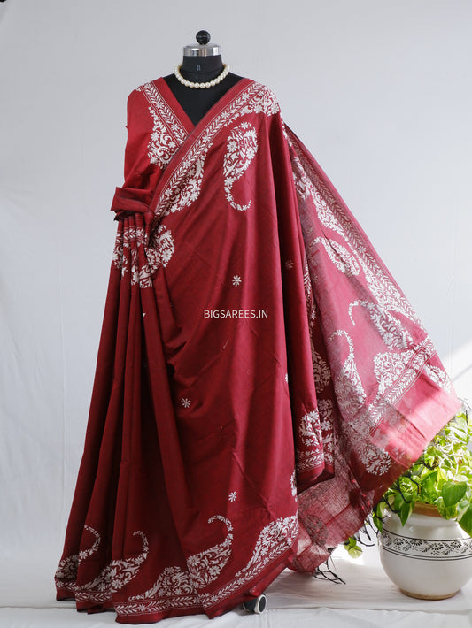 Kantha Stitch Hand-Embroidered Saree | Khadi Cotton | Maroon