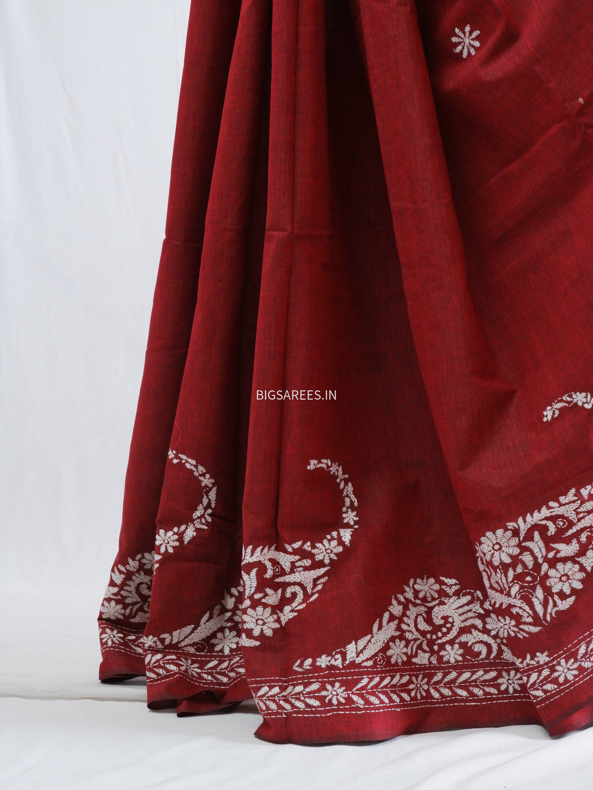 Kantha Stitch Hand-Embroidered Saree | Khadi Cotton | Maroon