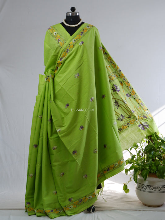 Kantha Hand-Embroidered Saree | Pure Khadi Cotton | Parrot Green