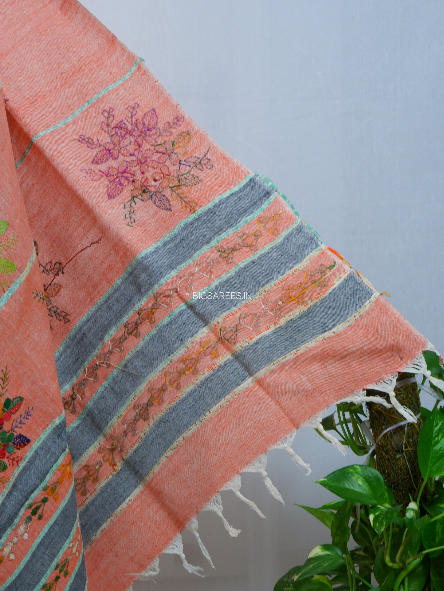 Hand-Embroidered Kantha - Stitch Dupatta | Pure Khesh Cotton | Light Orange