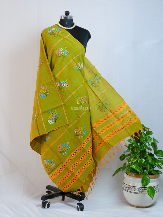 Hand-Embroidered Kantha - Stitch Dupatta | Pure Khesh Cotton | Green