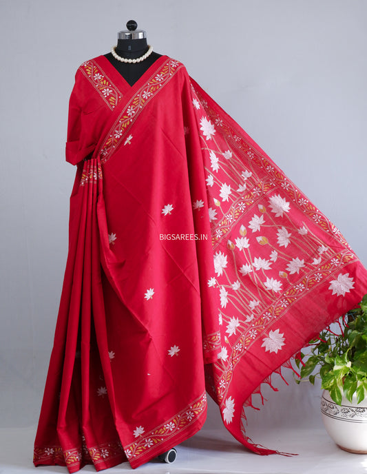 Kantha Hand-Embroidered Saree | Pure Khadi Cotton | Red