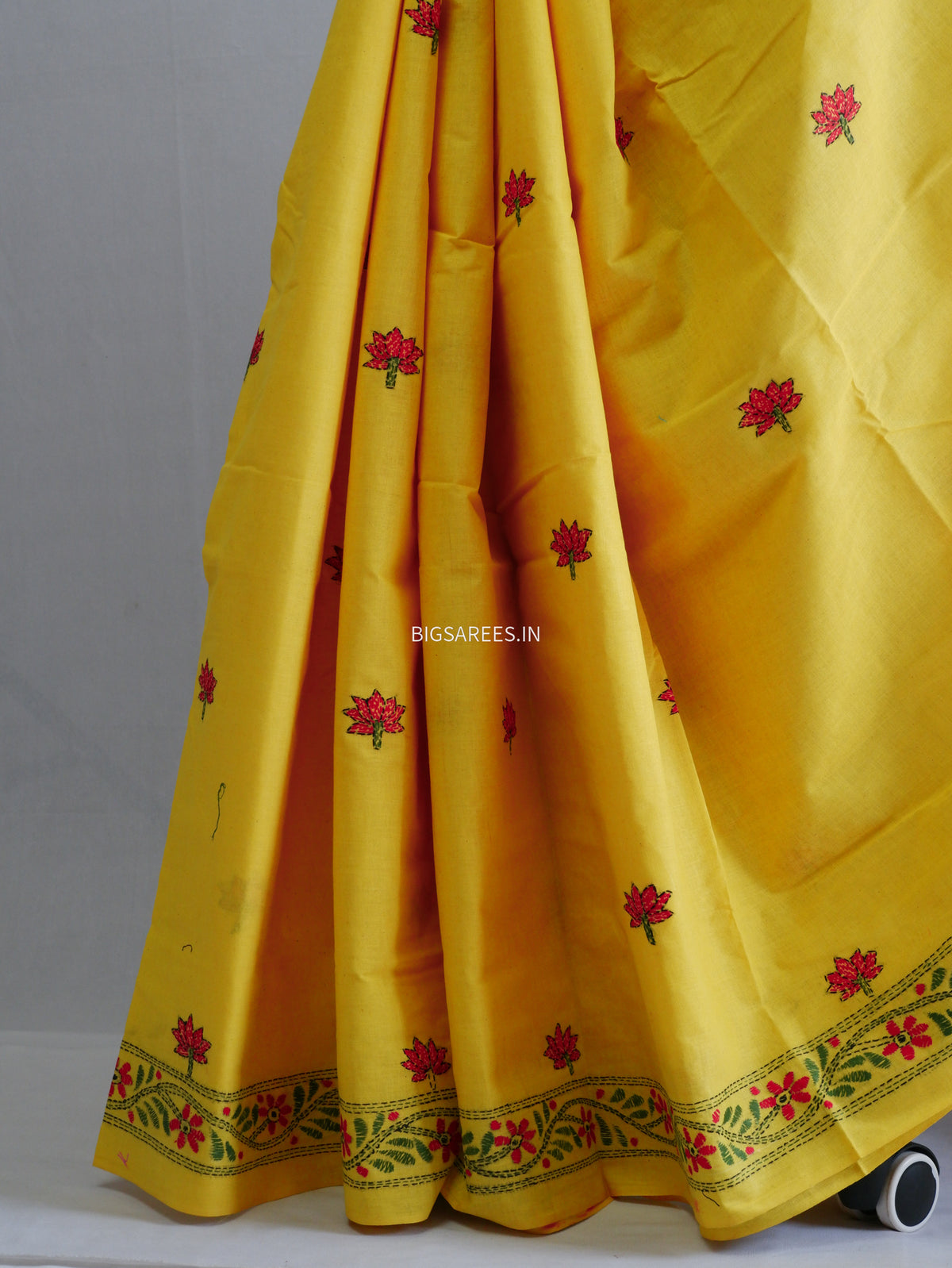 Kantha Hand-Embroidered Saree | Pure Khadi Cotton | Yellow