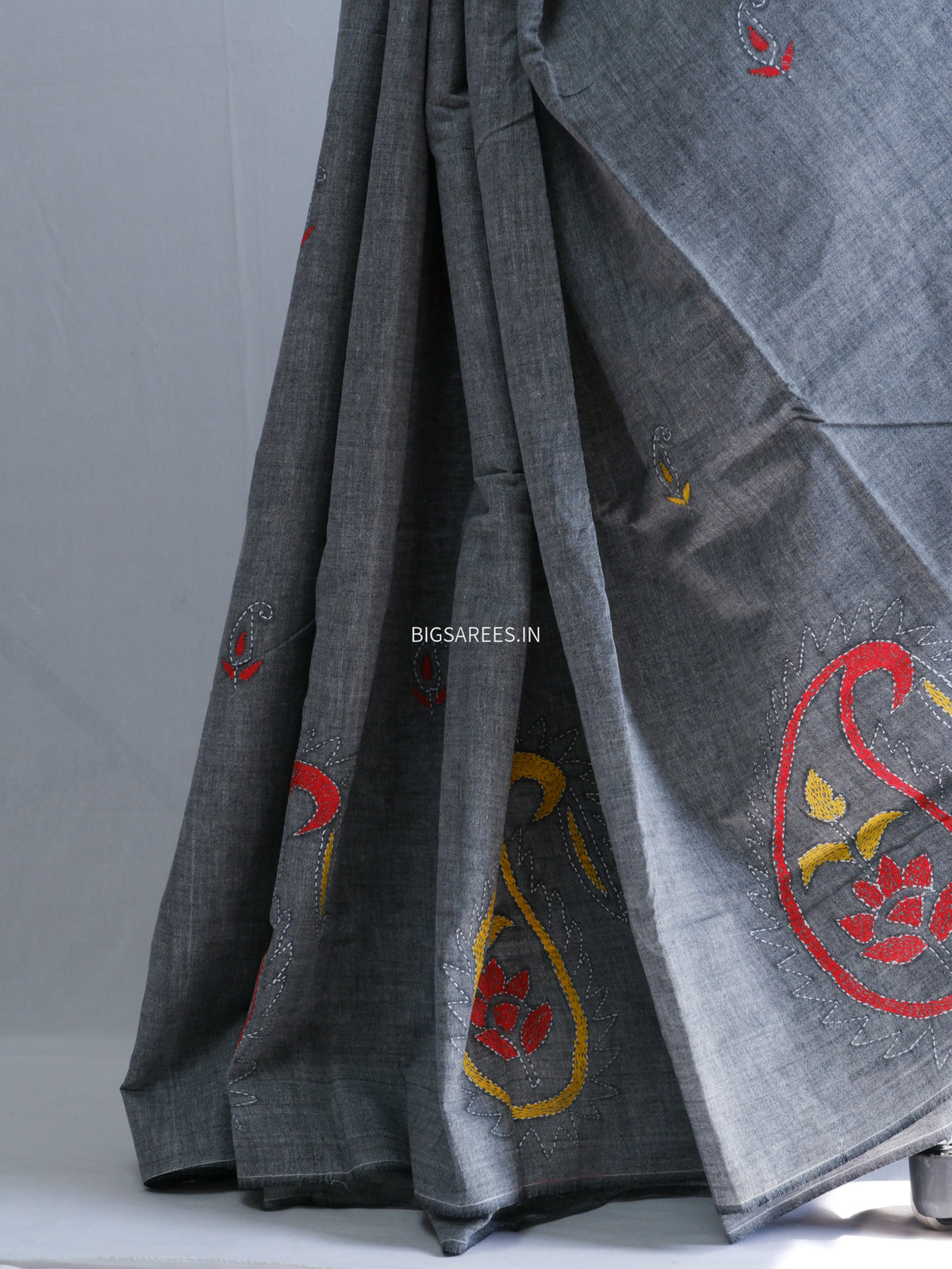 Kantha Hand-Embroidered Saree | Pure Khadi Cotton | Grey