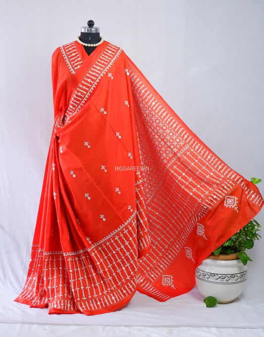 Kutchi Hand Embroidered Saree | Blended Bangalore Silk / Art Silk | Foil Mirror | Red