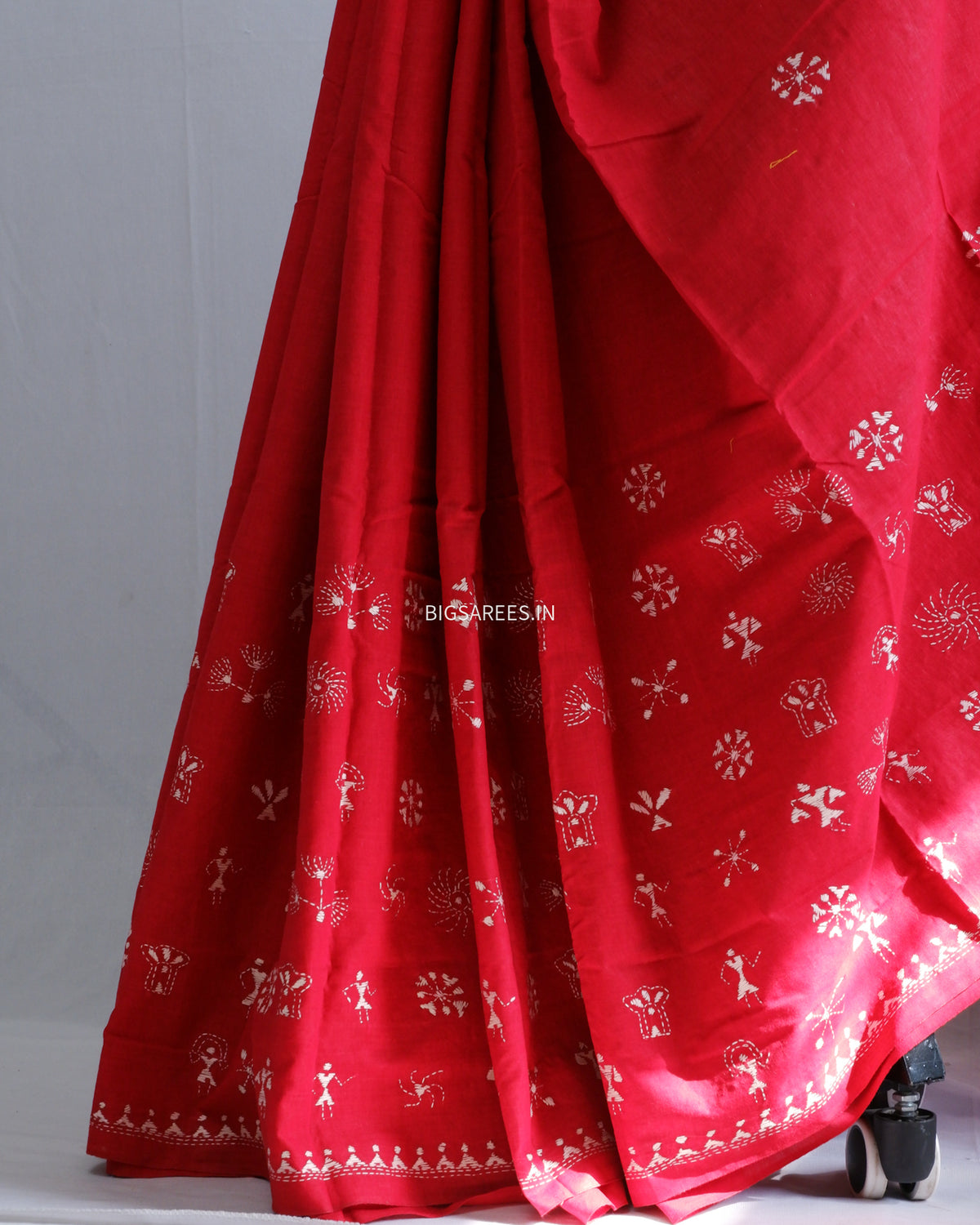 Kantha Hand-Embroidered Saree | Pure Khadi Cotton | Red