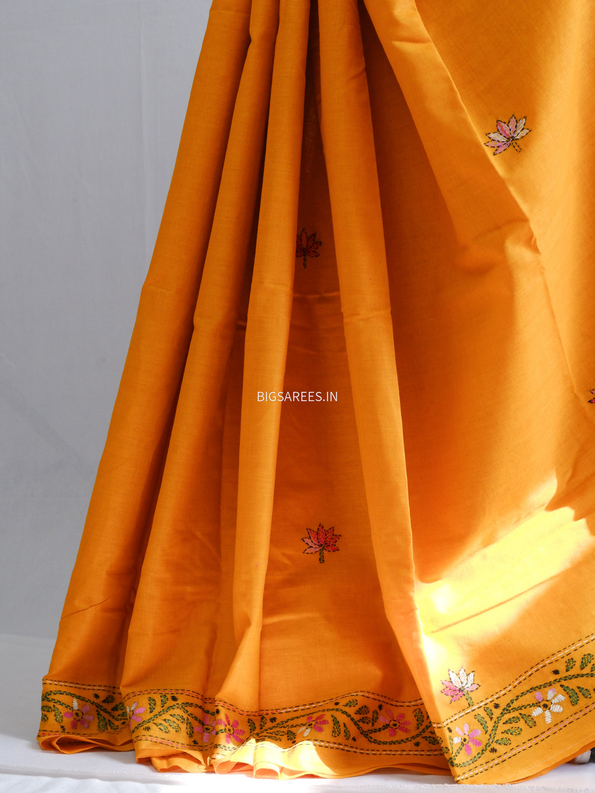 Kantha Hand-Embroidered Saree | Pure Khadi Cotton | Orange