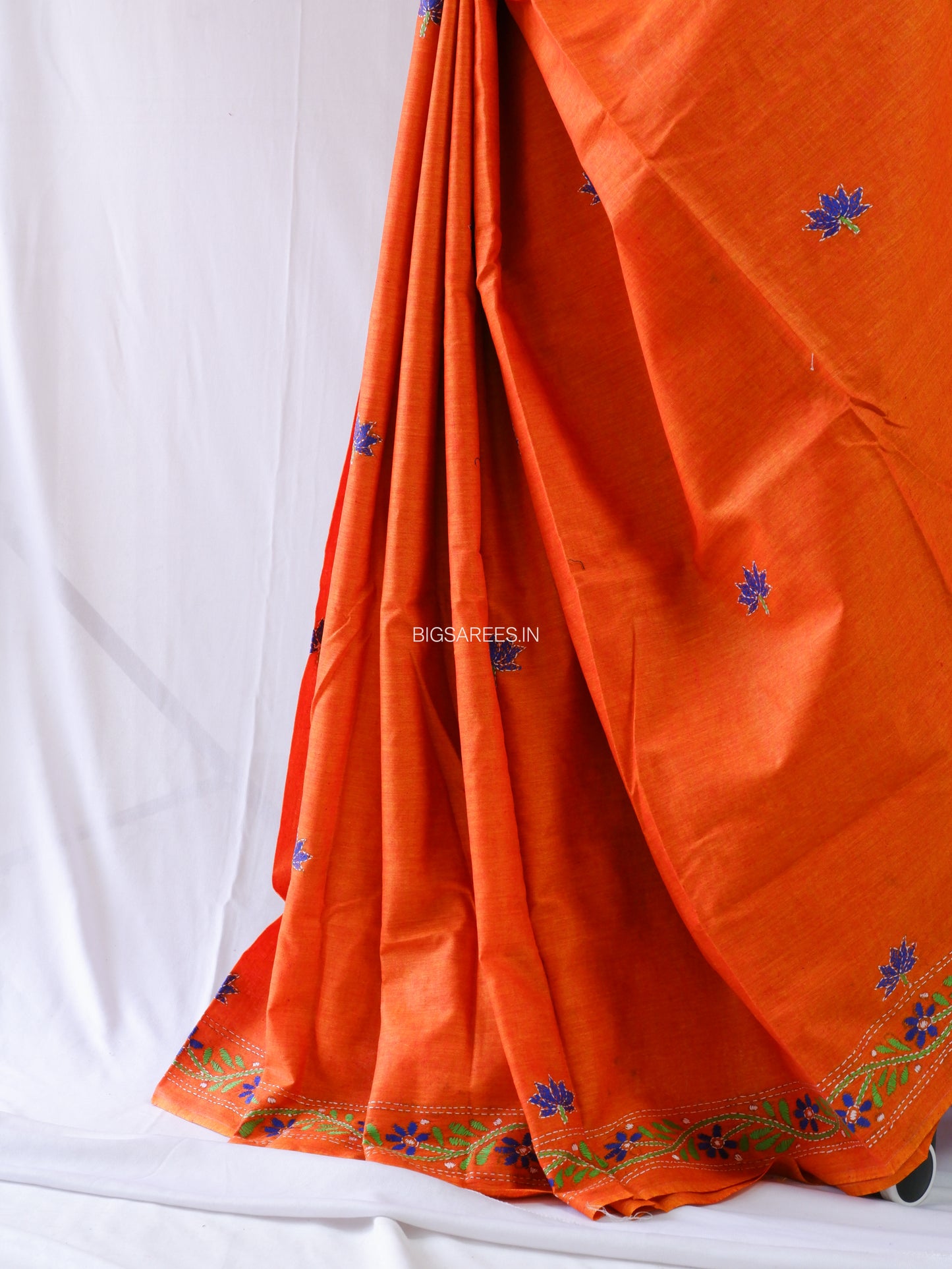 Kantha Stitch Hand-Embroidered Saree | Khadi Cotton | Saffron