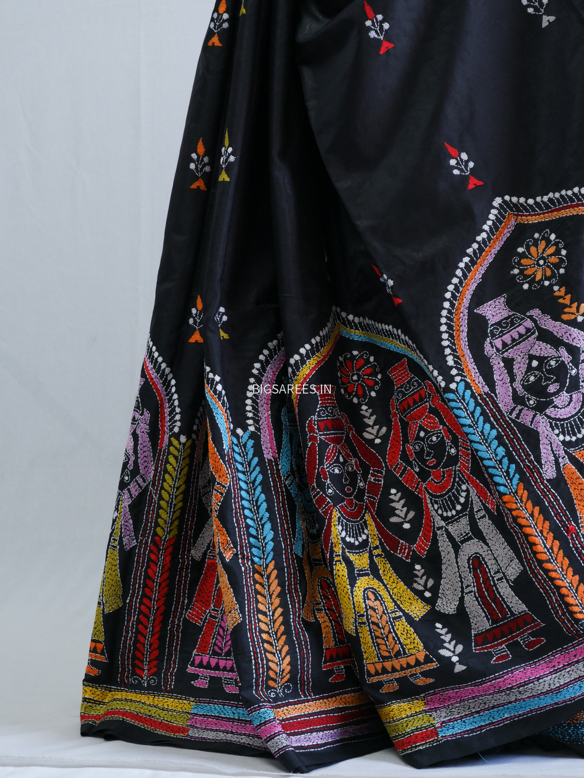Kantha Stitch Hand Embroidered Saree | Blended Bangalore Silk / Art Silk | Black