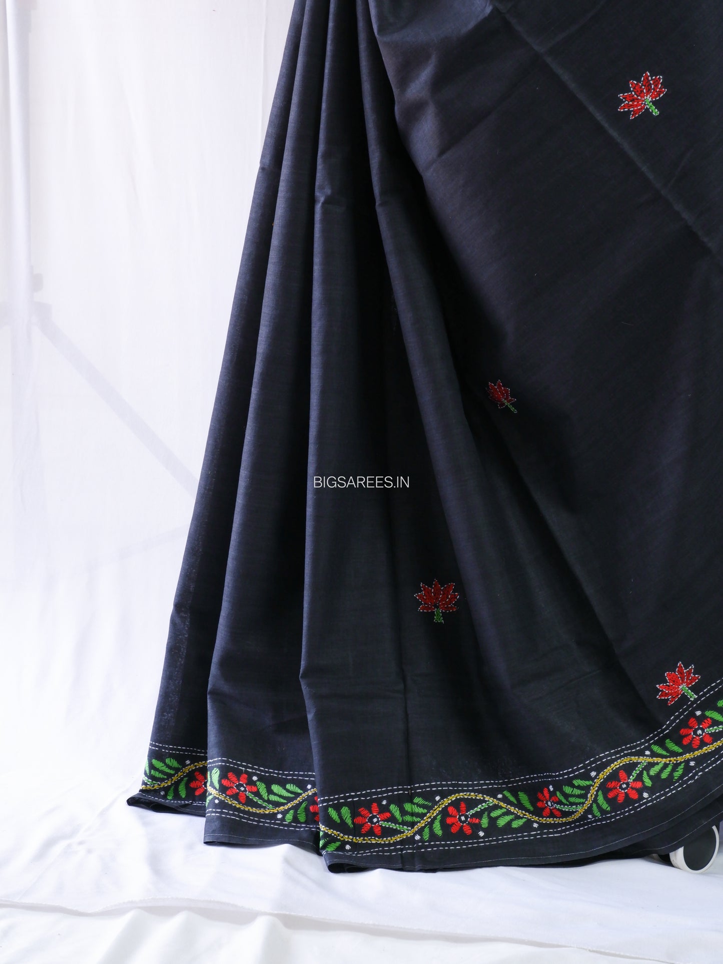 Kantha Hand-Embroidered Saree | Pure Khadi Cotton | Black