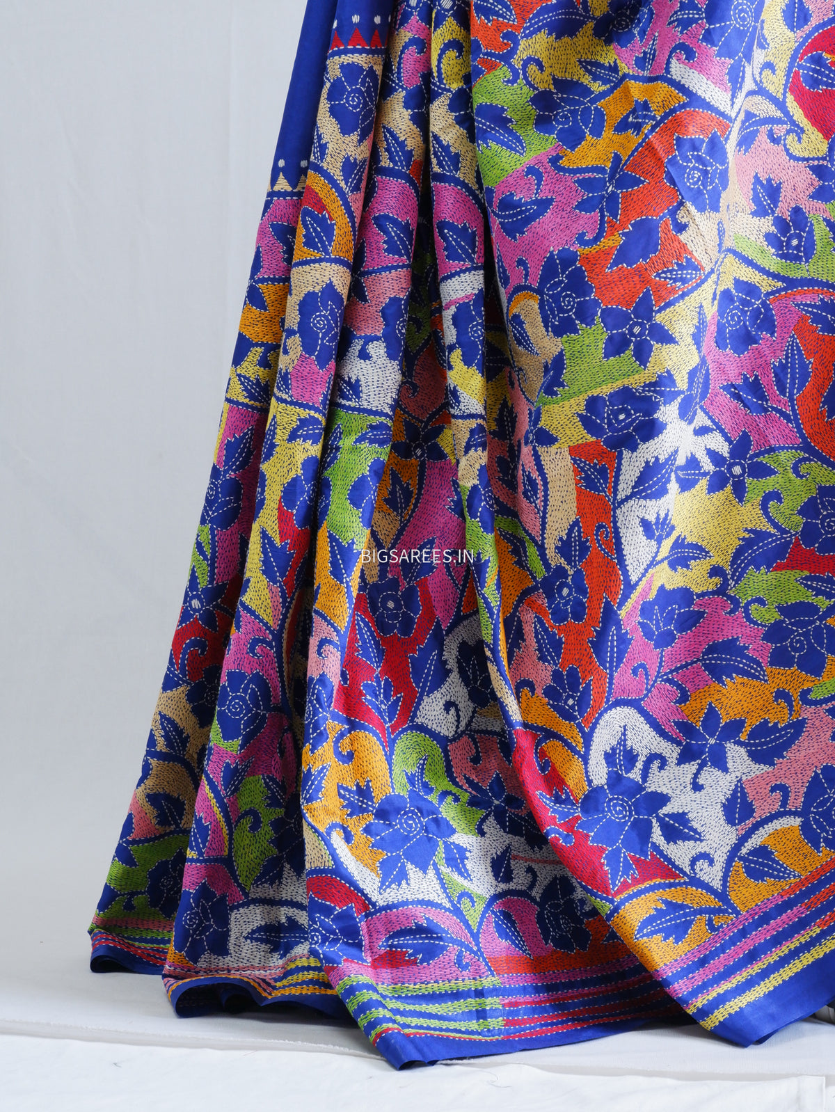 Reverse Kantha - Stitch Hand Embroidered Saree | Blended Bangalore Silk / Art Silk | Royal Blue