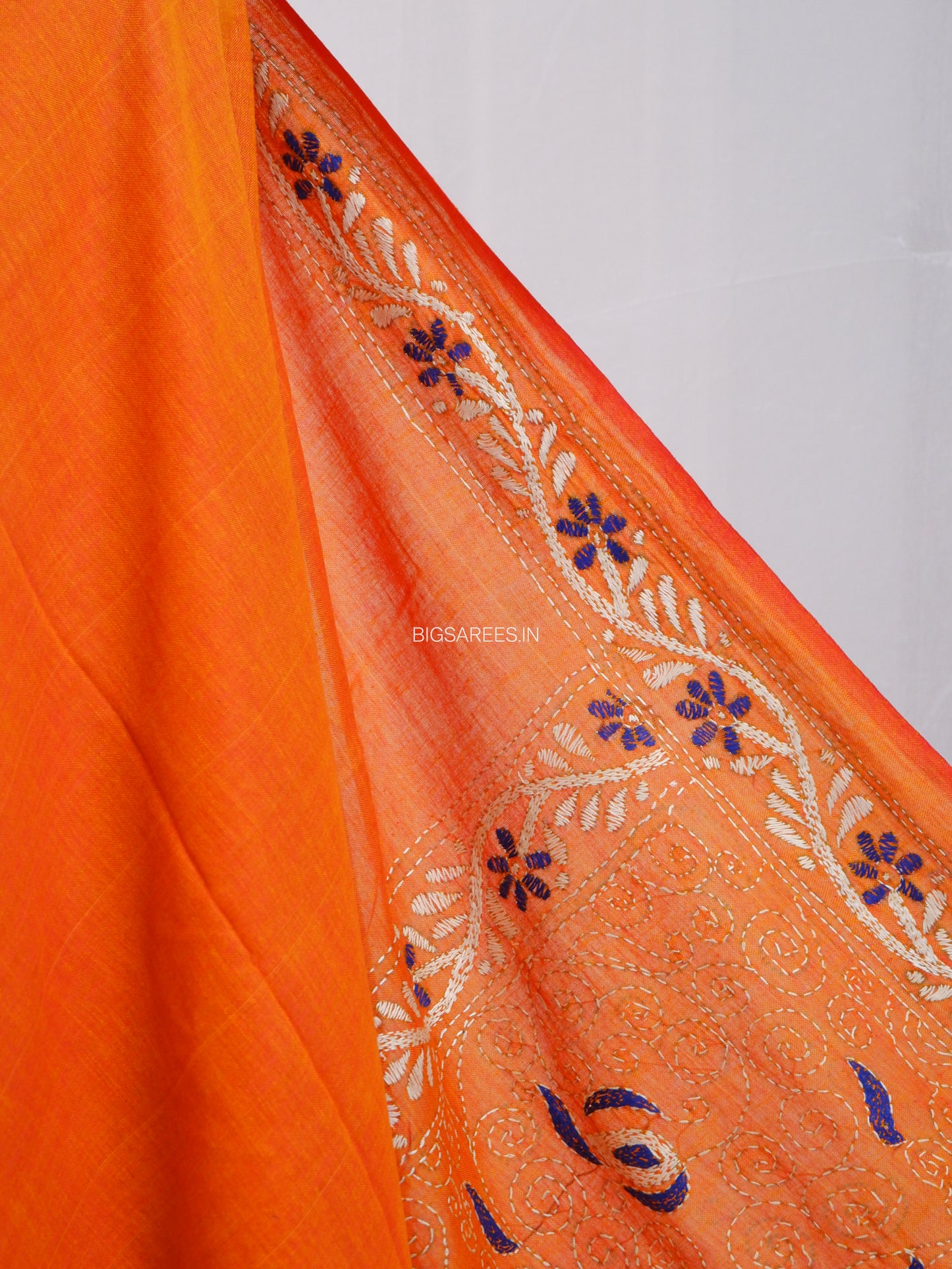 Kantha Hand-Embroidered Saree | Pure Khadi Cotton | Orange