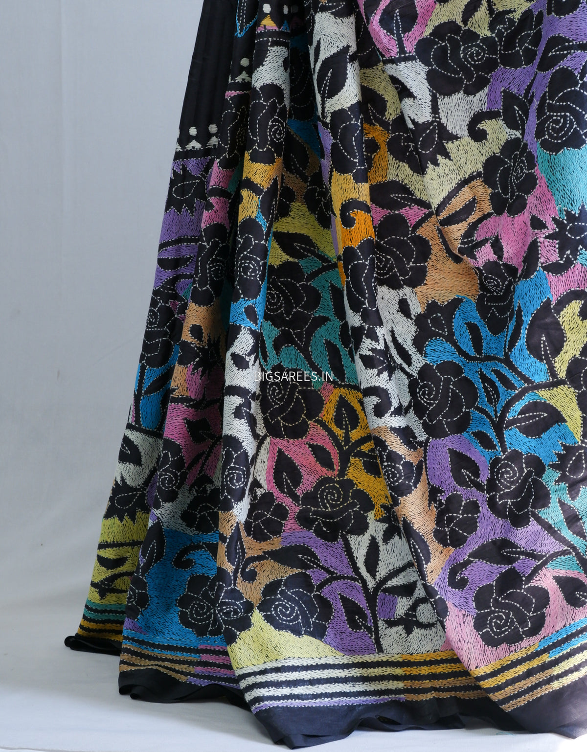 Reverse Kantha Hand Embroidered Sarees | Blended Bangalore Silk/Art Silk | Black