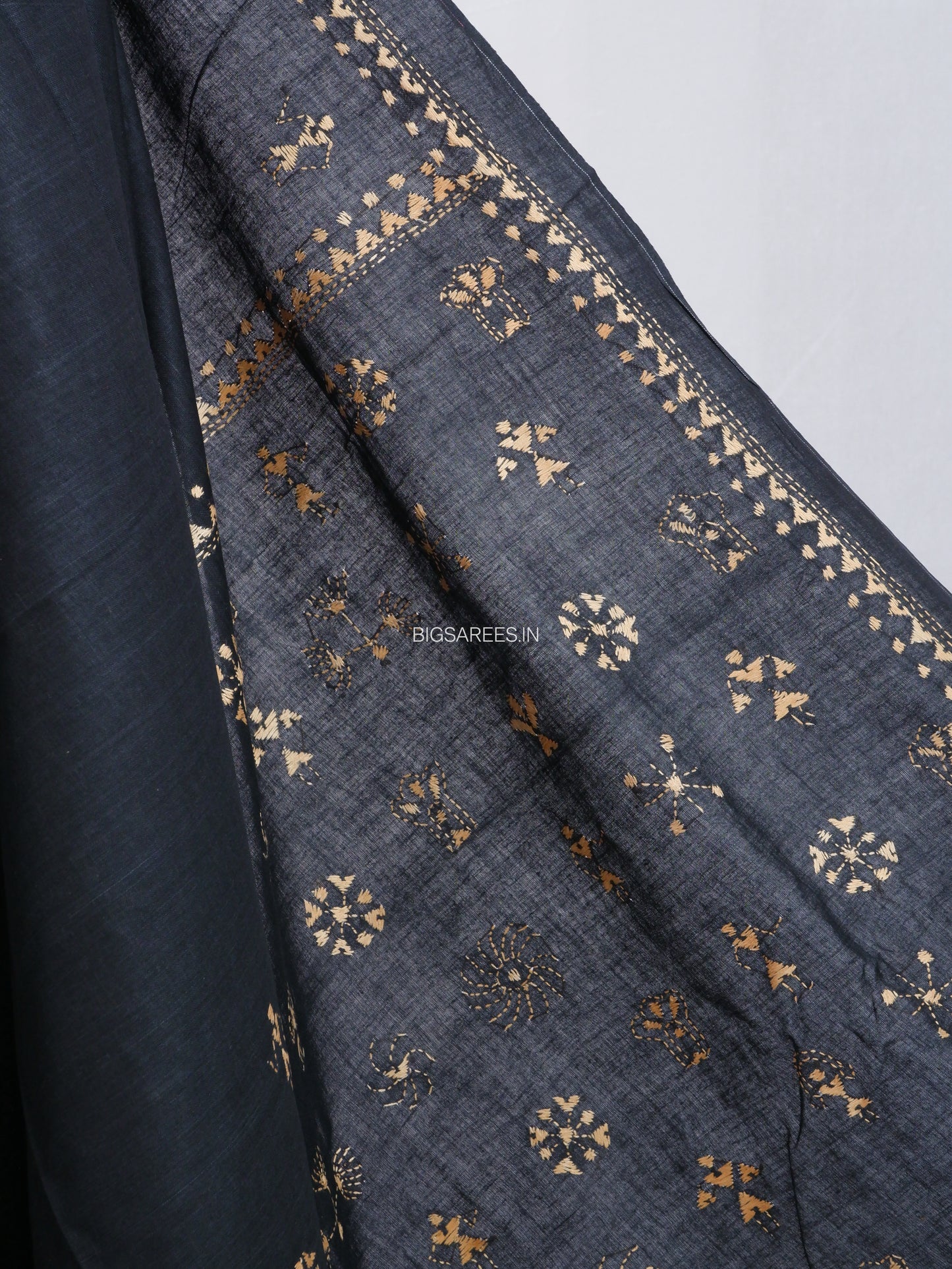 Kantha Hand-Embroidered Saree | Pure Khadi Cotton | Black