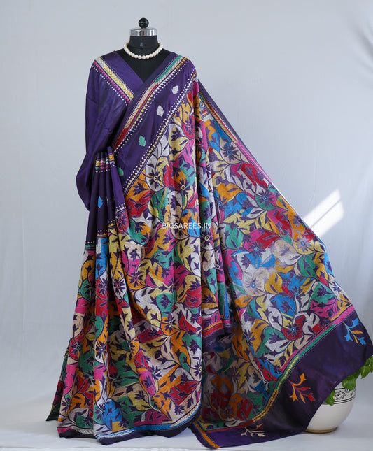 Reverse Kantha Hand Embroidered Sarees | Blended Bangalore Silk/Art Silk | Purple