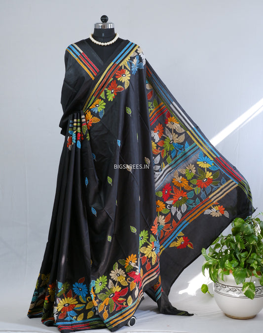 Kantha - Stitch Hand Embroidered Saree | Blended Bangalore Silk / Art Silk | Black