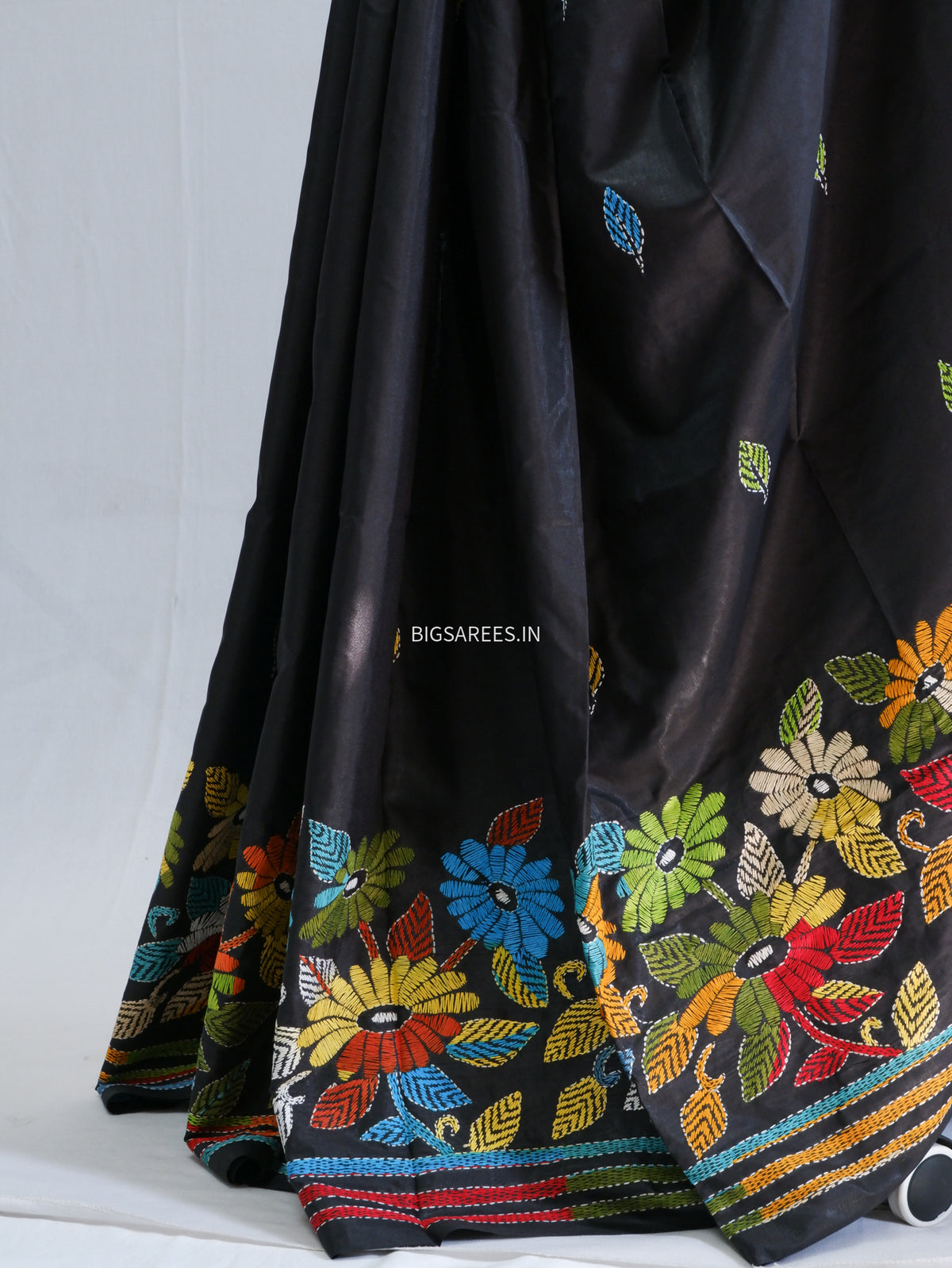 Kantha - Stitch Hand Embroidered Saree | Blended Bangalore Silk / Art Silk | Black