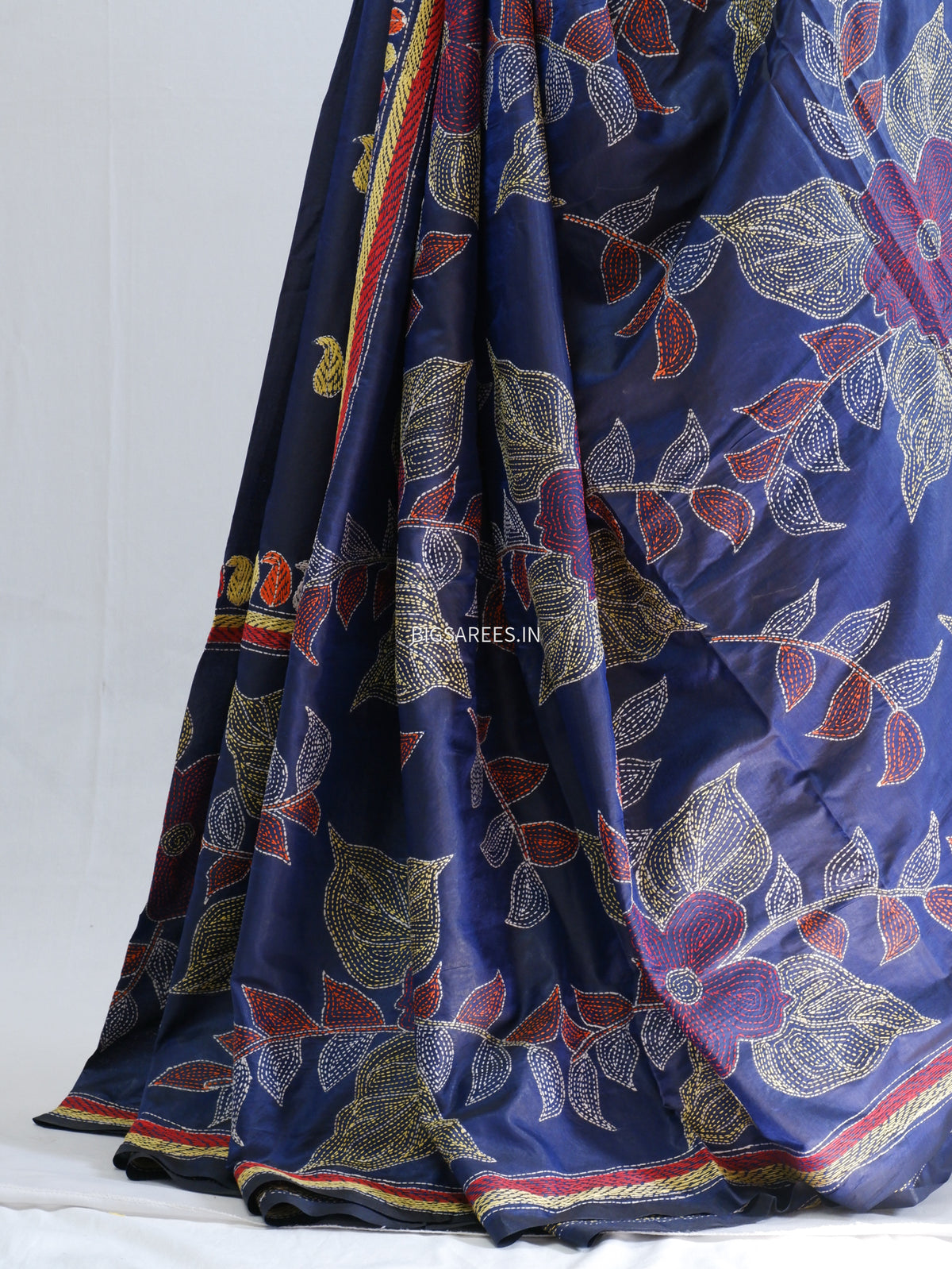 Kantha-Stitch Hand Embroidered Saree | Blended Bangalore Silk / Art Silk | Navy Blue
