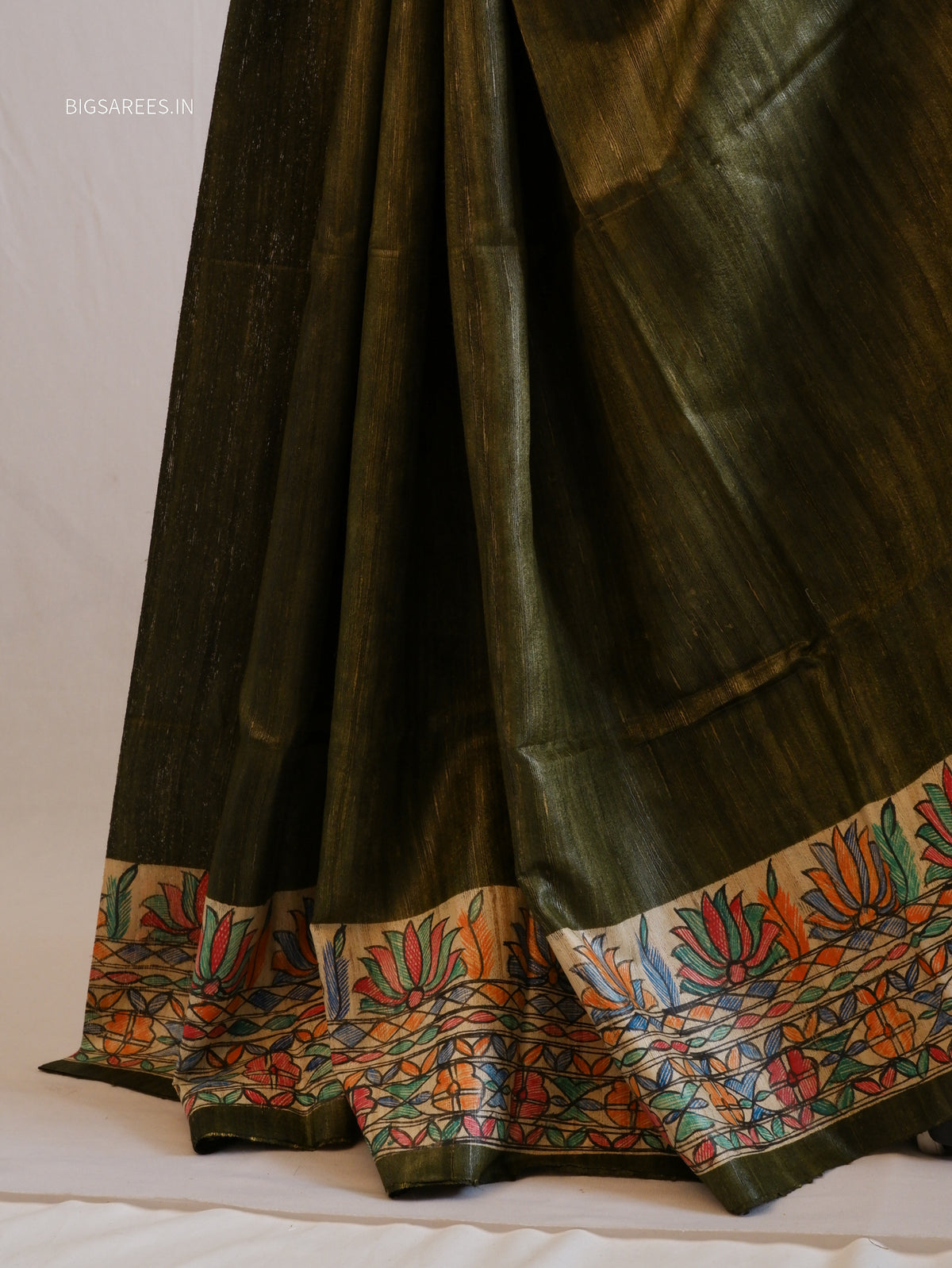 Handcrafted Madhubani Saree | Pure Tussar Ghicha Silk | Silk Mark Certified | Olive Green