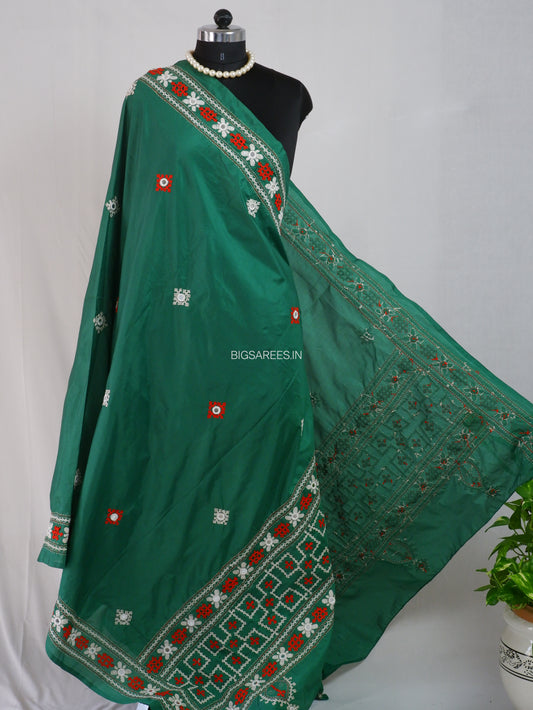 Kutchi Work Dupatta | Blended Bangalore Silk | Real Mirror | Green