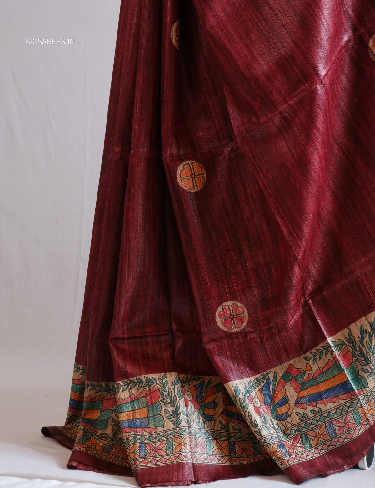 Handcrafted Madhubani Saree | Pure Tussar Ghicha Silk | Silk Mark Certified | Dark Maroon